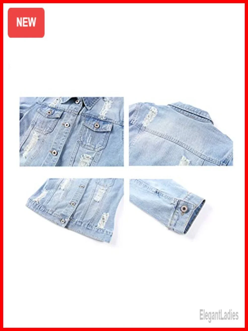 Women Retro Distressed Denim Jacket 3/4 Sleeve Button Front Cotton